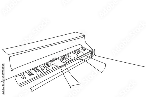 One continuous line drawing of young happy male pianist playing classic grand piano from side view. Musician artist performance concept single line draw design vector graphic illustration