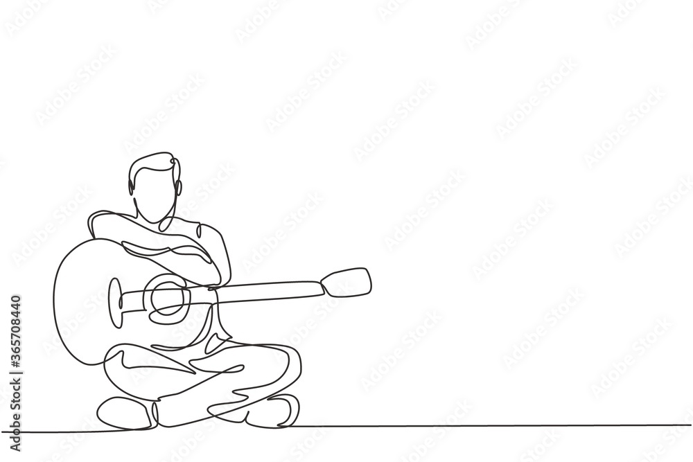 One continuous line drawing of young happy male guitarist posing after playing acoustic guitar. Dynamic musician artist performance concept single line graphic draw design vector illustration
