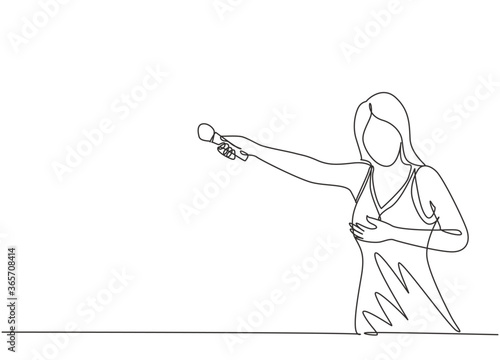 One continuous line drawing of young happy female singer hold microphone and invite audience to sing on music concert. Musician artist performance concept single line draw design vector illustration