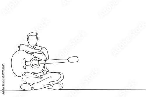 One continuous line drawing of young happy male guitarist posing after playing acoustic guitar. Dynamic musician artist performance concept single line graphic draw design vector illustration