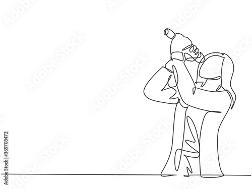 Single continuous line drawing of young happy male rocker singer holding a microphone and singing on music festival. Trendy musician artist performance concept one line draw design vector illustration