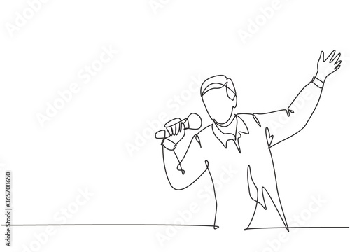 Single continuous line drawing of young happy male pop singer holding microphone and singing on concert stage. Musician artist performance concept one line draw design vector illustration