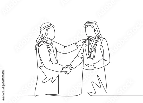 Single continuous line drawing of young muslim businessman handshake his personal doctor. Arab middle east businessmen with shmagh  kandura  thawb  robe cloth. One line draw design vector illustration