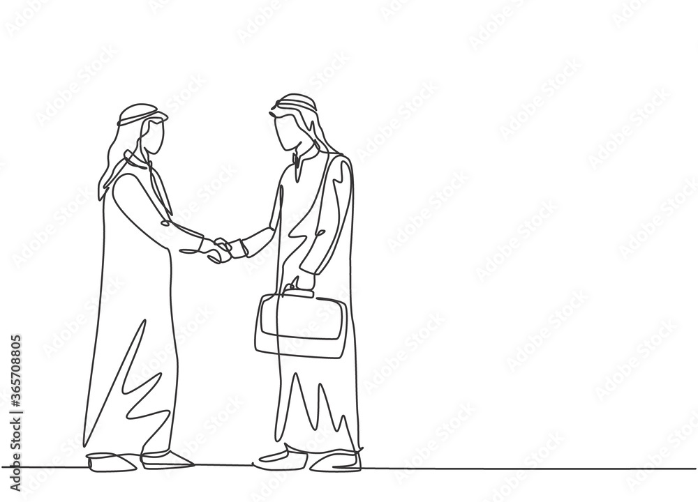 Single continuous line drawing of young muslim business man shake hand his business colleague. Arab middle east businessmen with kandura, thawb, robe cloth. One line draw design vector illustration
