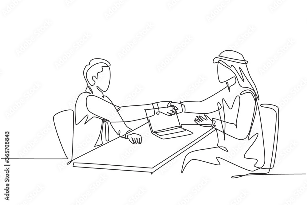One continuous line drawing of young muslim business man handshake after deal a project. Saudi Arabian businessmen with kandura, scarf, keffiyeh clothing. Single line draw design vector illustration One continuous line drawing of young muslim business man handshake after deal a project. Saudi Arabian businessmen with kandura, scarf, keffiyeh clothing. Single line draw design vector illustration