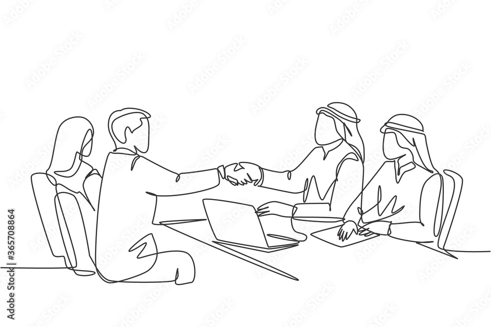 One continuous line drawing of young muslim business man handshake his company manager. Saudi Arabian businessmen with shemag, kandura, scarf and clothing. Single line draw design vector illustration One continuous line drawing of young muslim business man handshake his company manager. Saudi Arabian businessmen with shemag, kandura, scarf and clothing. Single line draw design vector illustration