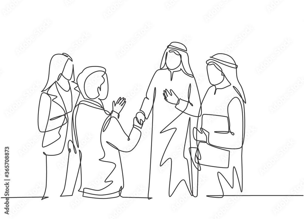 One continuous line drawing of young muslim business man do a meeting with client. Saudi Arabian businessmen with shemag, kandura, scarf, keffiyeh clothing. Single line draw design vector illustration One continuous line drawing of young muslim business man do a meeting with client. Saudi Arabian businessmen with shemag, kandura, scarf, keffiyeh clothing. Single line draw design vector illustration