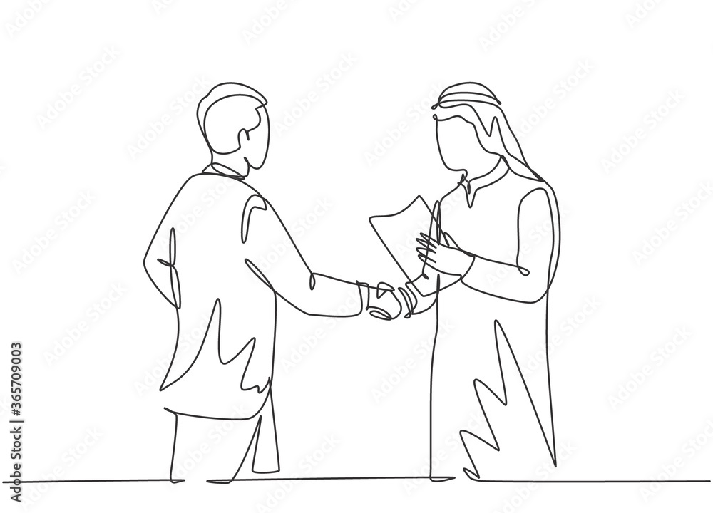 Single continuous line drawing of young muslim business man deal a project with his colleague. Arab middle east businessmen with shmagh, kandura, robe cloth. One line draw design vector illustration Single continuous line drawing of young muslim business man deal a project with his colleague. Arab middle east businessmen with shmagh, kandura, robe cloth. One line draw design vector illustration