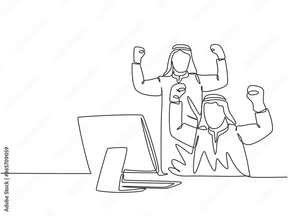 One single line drawing of young muslim marketer celebrate the increase product sales. Saudi Arabian businessmen with shmag, kandora, headscarf, thobe. Continuous line draw design vector illustration