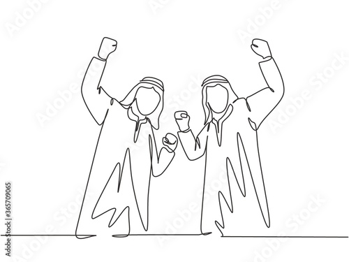 One single line drawing of young happy muslim employees celebrate their job promotion. Saudi Arabian with shmag; kandora; headscarf; thobe; ghutra. Continuous line draw design vector illustration
