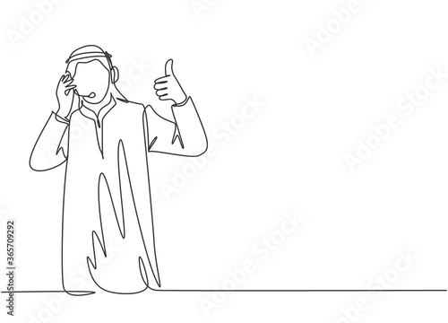 One continuous line drawing of young muslim customer care service give thumbs up gestures, call center. Islamic clothing shemag, kandura, scarf, keffiyeh. Single line draw design vector illustration