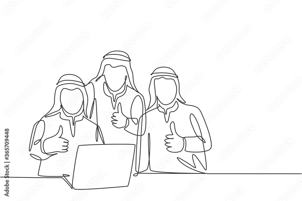 Single continuous line drawing of young muslim team manager give thumbs up gesture while sitting in front of laptop. Arab middle east cloth kandura, thawb, robe. One draw design vector illustration Single continuous line drawing of young muslim team manager give thumbs up gesture while sitting in front of laptop. Arab middle east cloth kandura, thawb, robe. One draw design vector illustration
