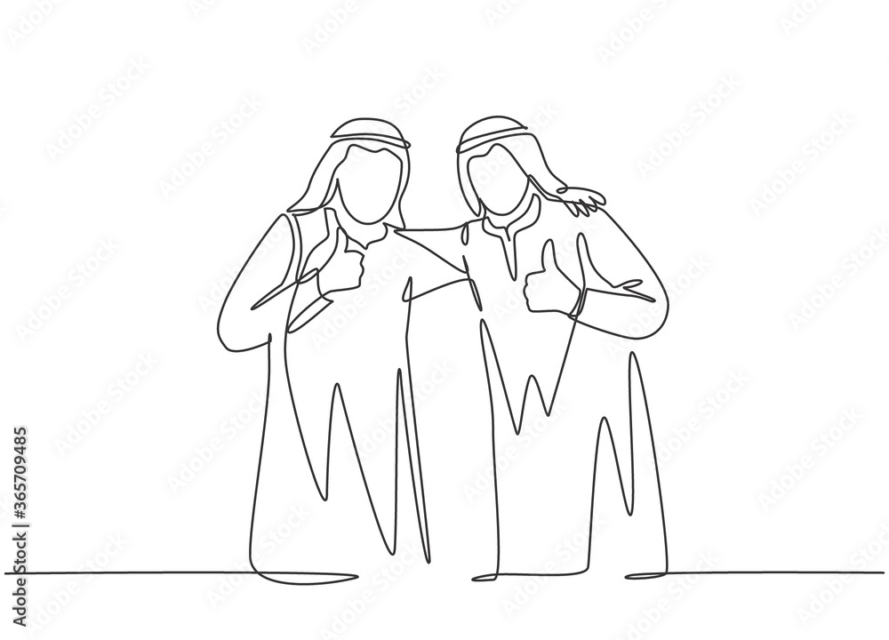One single line drawing of young happy muslim businessman giving thumbs up gesture with colleague. Saudi Arabia cloth shmag, kandora, headscarf, thobe. Continuous line draw design vector illustration