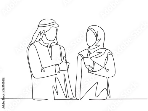 One continuous line drawing of young muslim male and female workers give thumbs up to celebrate job promotion. Islamic clothing hijab, scarf, keffiyeh. Single line draw design vector illustration