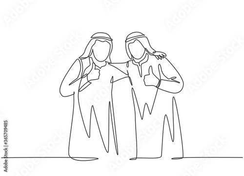 One single line drawing of young happy muslim businessman giving thumbs up gesture with colleague. Saudi Arabia cloth shmag, kandora, headscarf, thobe. Continuous line draw design vector illustration