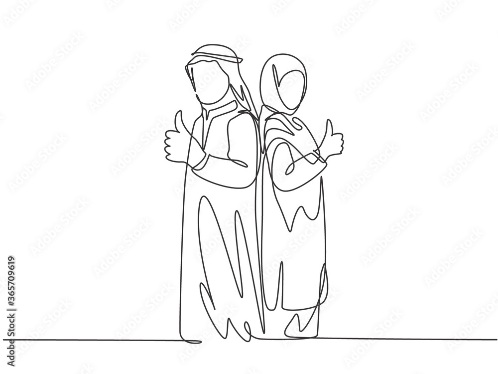 One single line drawing of young happy muslim male and female couple give thumb up gesture. Saudi Arabia cloth shmag, kandora, headscarf, thobe, ghutra. Continuous line draw design vector illustration One single line drawing of young happy muslim male and female couple give thumb up gesture. Saudi Arabia cloth shmag, kandora, headscarf, thobe, ghutra. Continuous line draw design vector illustration
