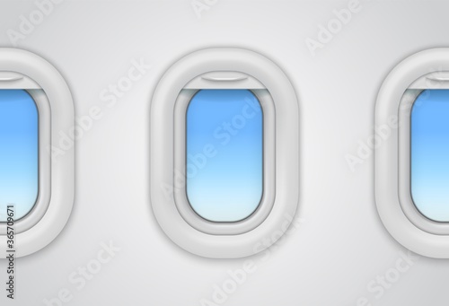 Airplane windows. Realistic vector aircraft illuminator. 3D porthole mockup for flights travel concept, look inside