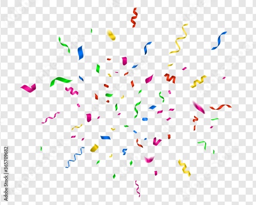 Bright confetti. Vector party celebrate, colorful streamer. Fun illustration carnival decor for holiday celebration on transparent background, decor element for happy surprise