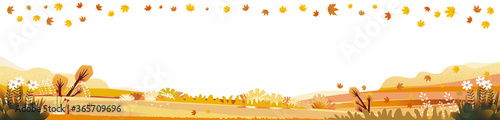 Panorama of Countryside landscape in autumn with copy space, Vector illustration of horizontal banner of autumn with landscape mountains, wild flowers and leaves fallen with yellow foliage.