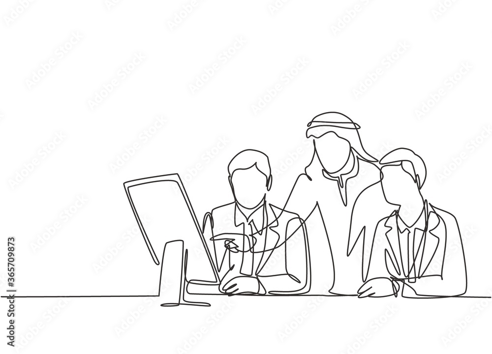 Single continuous line drawing of young muslim businessman watching business presentation from his partners. Arab middle east cloth shmagh, thawb, robe. One line draw design vector illustration Single continuous line drawing of young muslim businessman watching business presentation from his partners. Arab middle east cloth shmagh, thawb, robe. One line draw design vector illustration