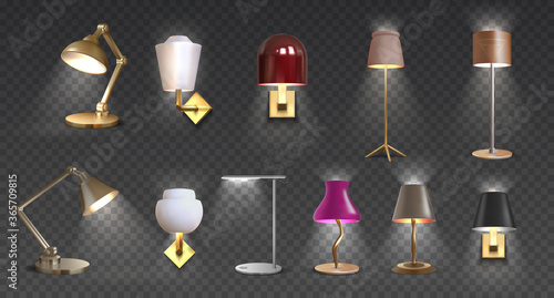 Realistic lamp. Home floor and desk 3D light furniture, closeup render of torchere and light furniture for interior design. Vector isolated set metal decoration luxury lights for home or office