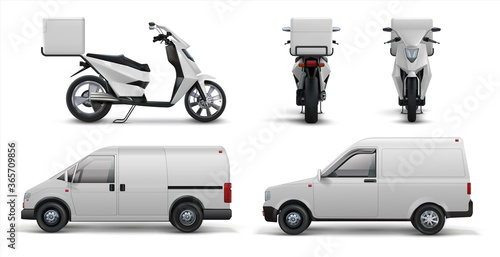 Delivery transport. Realistic commercial scooter, car and van for delivering food and packages to home and offices. Vector illustration transport delivery service set on white background