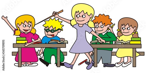 teacher and kids in the classroom, vector illustration