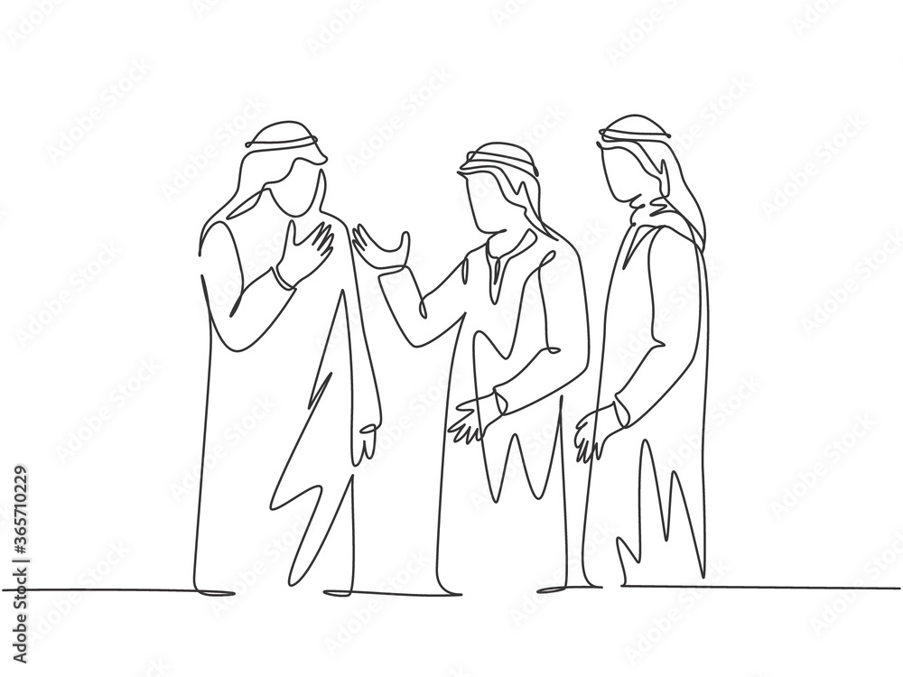 Single continuous line drawing of young muslim manager discussing business talk with partner colleagues. Arab middle east cloth shmagh, kandura, thawb, robe. One line draw design vector illustration