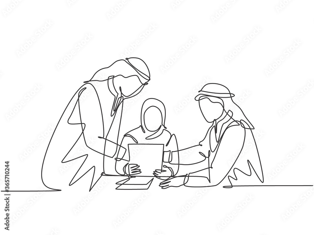One single line drawing of young happy muslim managers discussing and designing company policy. Saudi Arabia cloth shmag, hijab, headscarf, thobe. Continuous line draw design vector illustration One single line drawing of young happy muslim managers discussing and designing company policy. Saudi Arabia cloth shmag, hijab, headscarf, thobe. Continuous line draw design vector illustration