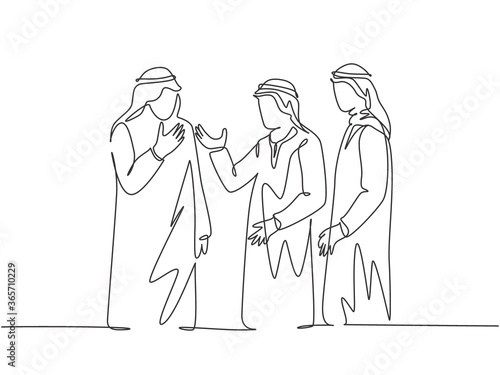 Single continuous line drawing of young muslim manager discussing business talk with partner colleagues. Arab middle east cloth shmagh, kandura, thawb, robe. One line draw design vector illustration
