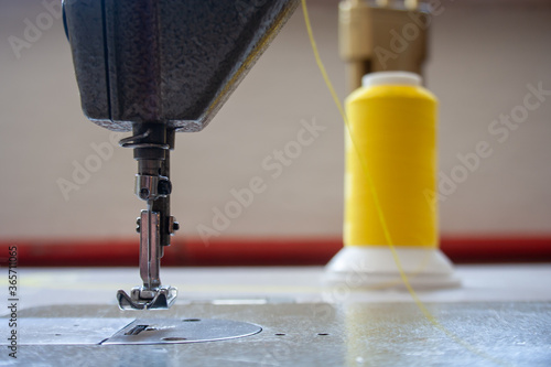 sewing machine foot and needle. Close up, macro. Empty space for text. Craft fabric industrial.