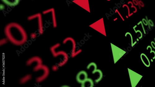 Close up of scrolling stock exchange numbers on a board with depth of field. Looping motion background.