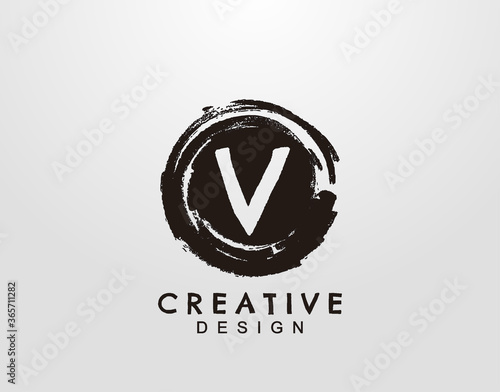 Letter V Logo With Circle Grunge Splatter Element. Retro logo design template.