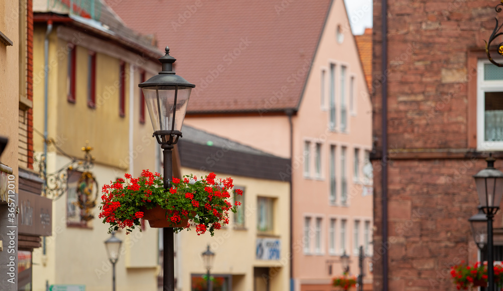 Street lamp with flowers and a street in the background.
