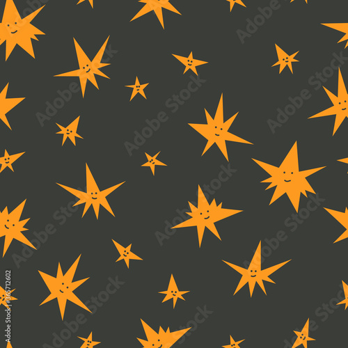 Endless star pattern on dark background. Vector seamless illustration with nighttime sky