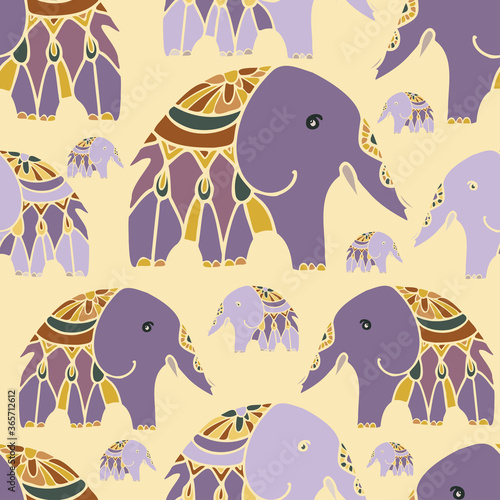 Seamless vector design pattern with a violet elephant on yellow background