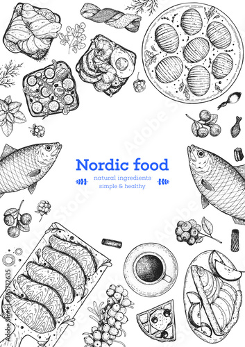 Scandinavian cuisine sketch collection. Hand drawn vector illustration. Food menu design template, engraved elements. Scandinavian food set. Smorgasbord illustration.