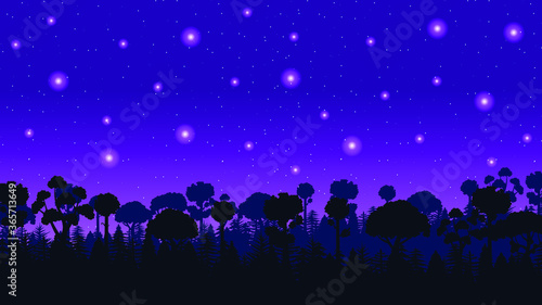 Night Sky Gradient Background Vector Silhouette With Trees And Stars Vector Design Style