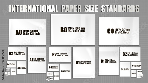 Full set of international ISO format standards of paper sheets series A, B, C. Mock up of realistic white paper pages in different sizes