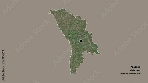 Basarabeasca, district of Moldova, with its capital, localized, outlined and zoomed with informative overlays on a satellite map in the Stereographic projection. Animation 3D photo