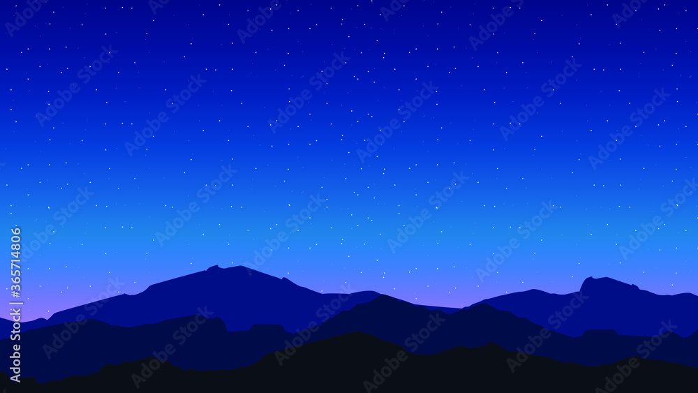 Night Sky Gradient Background Vector Silhouette With Mountains And Stars Vector Design Style