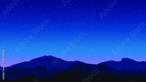 Night Sky Gradient Background Vector Silhouette With Mountains And Stars Vector Design Style