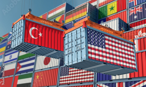 Freight containers with USA and Turkey flag. 3D Rendering 