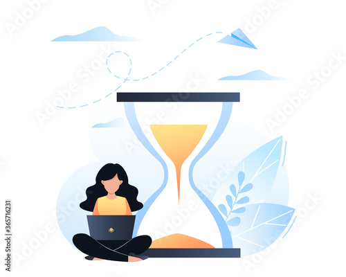 Time management concept, organization of working time, deadline. The girl sits with a laptop near the hourglass. Vector flat business illustration for web design.