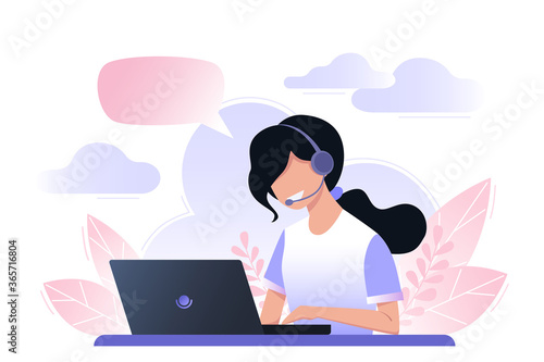 Young woman is working on a laptop. Call center. The girl answers the call, support service. Online consultation, online help. Vector flat illustration. Dispatcher