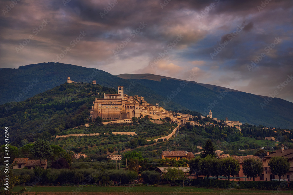 Panorama of the magnificent medieval city of Assisi. Province of Perugia, Umbria, Italy.