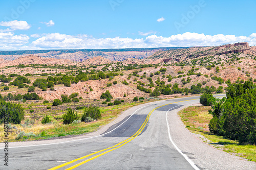 Landscape scenic drive from car point of view during summer from High Road to Taos famous trip near Chimayo and Santa Fe in New Mexico photo