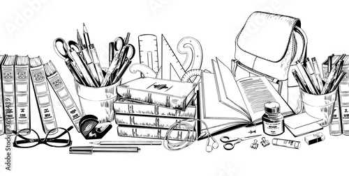 Seamless banner with school and office supplies.
