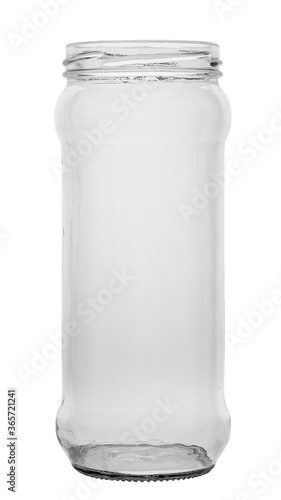 Empty glass jar without cover isolated on white background.