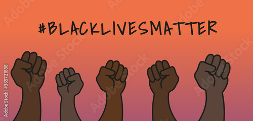 5 raised fists on a sunset gradient background, with #blacklivesmatter for the Black Lives Matter protest movement written above.